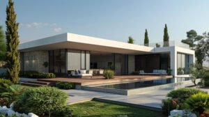 Müasir bağ evi layihəsi - geniş terraslı həyət evi, şüşə fasad və hovuz dizaynı ilə.