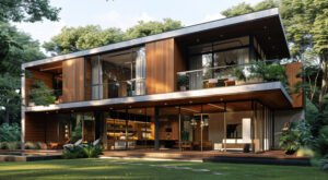 Naturalist üslubda iki mərtəbəli bağ evi – taxta fasad, geniş şüşə pəncərələr və yaşıl landşaftla harmonik dizayn.