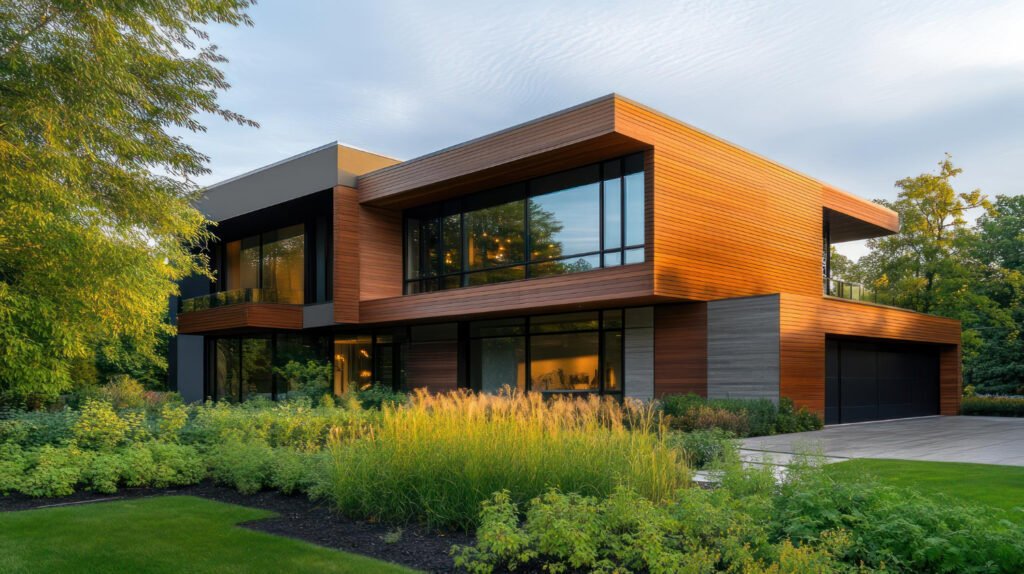 Skandinaviya üslubunda iki mərtəbəli bağ evi – taxta fasad, iri pəncərələr və təbiətlə harmonik dizayn.